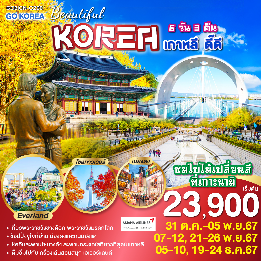 เกาะนามิ – สะพานโซยางกัง - ถนนสายศิลปะคาเฟ่โกบงซาน - เอเวอร์แลนด์ - ศูนย์เครื่องสำอางแบรนด์ดังเกาหลี - ย่านชองดัมดง  -ถนนฮงแด - ศูนย์โสมรัฐบาลเกาหลี – ศูนย์สมุนไพรน้ำมันสนแดง – หมู่บ้านโบราณอึนพยอง – พระราชวังชางด๊อกกุง - ย่านเมียงดง - ศูนย์สมุนไพรฮอกเกตนามู – เอ็นโซลทาวเวอร์– ตลาดโบราณควางจัง-  ร้านค้าละลายเงินวอน