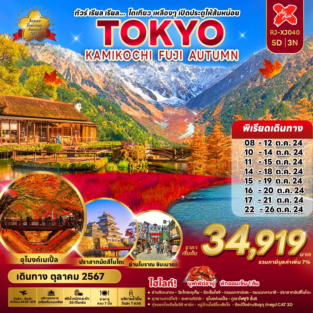 ถนนนาคามาชิ, ปราสาทมัตสึโมโต้, วัดเซ็นโซจิ, ถนนนากามิเสะ, หอคอยโตเกียวสกานทรี, อุทยานแห่งชาติคามิโคจิ, ชมทุ่งดอกโคเคีย ณ โออิชิพาร์ค, ขึ้นภูเขาไฟฟูจิชั้น 5, หมู่บ้านโอชิโนะ ฮักไก, ช้อปปิ้งย่านชินจูกุ, ย่านชิบะมาตะ