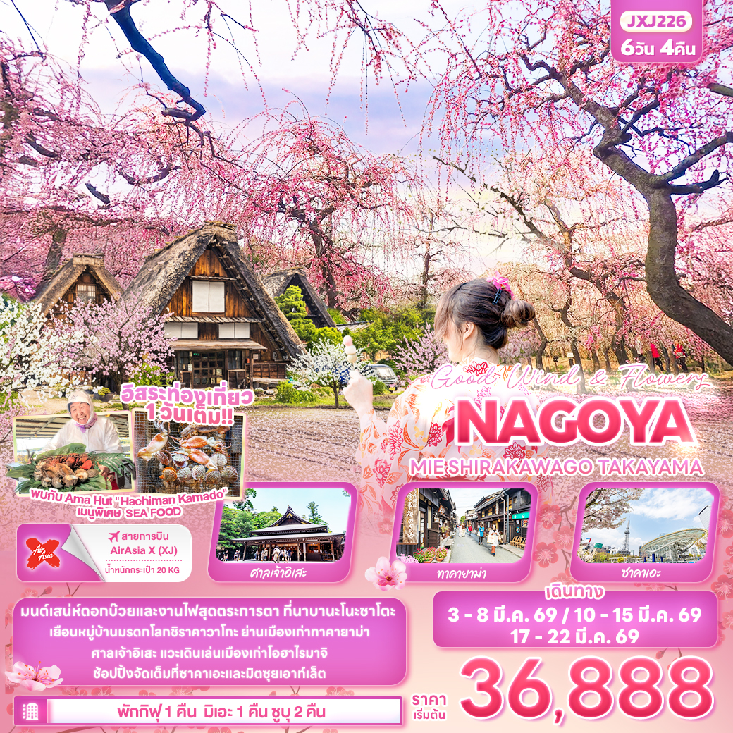 มนต์เสน่ห์ดอกบ๊วยและงานไฟสุดตระการตา ที่นาบานะโนะซาโตะ
เยือนหมู่บ้านมรดกโลกชิราคาวาโกะ ย่านเมืองเก่าทาคายาม่า
ศาลเจ้าอิเสะ แวะเดินเล่นเมืองเก่าโอฮาไรมาจิ
ช้อปปิ้งจัดเต็มที่ซาคาเอะและมิตซุยเอาท์เล็ต