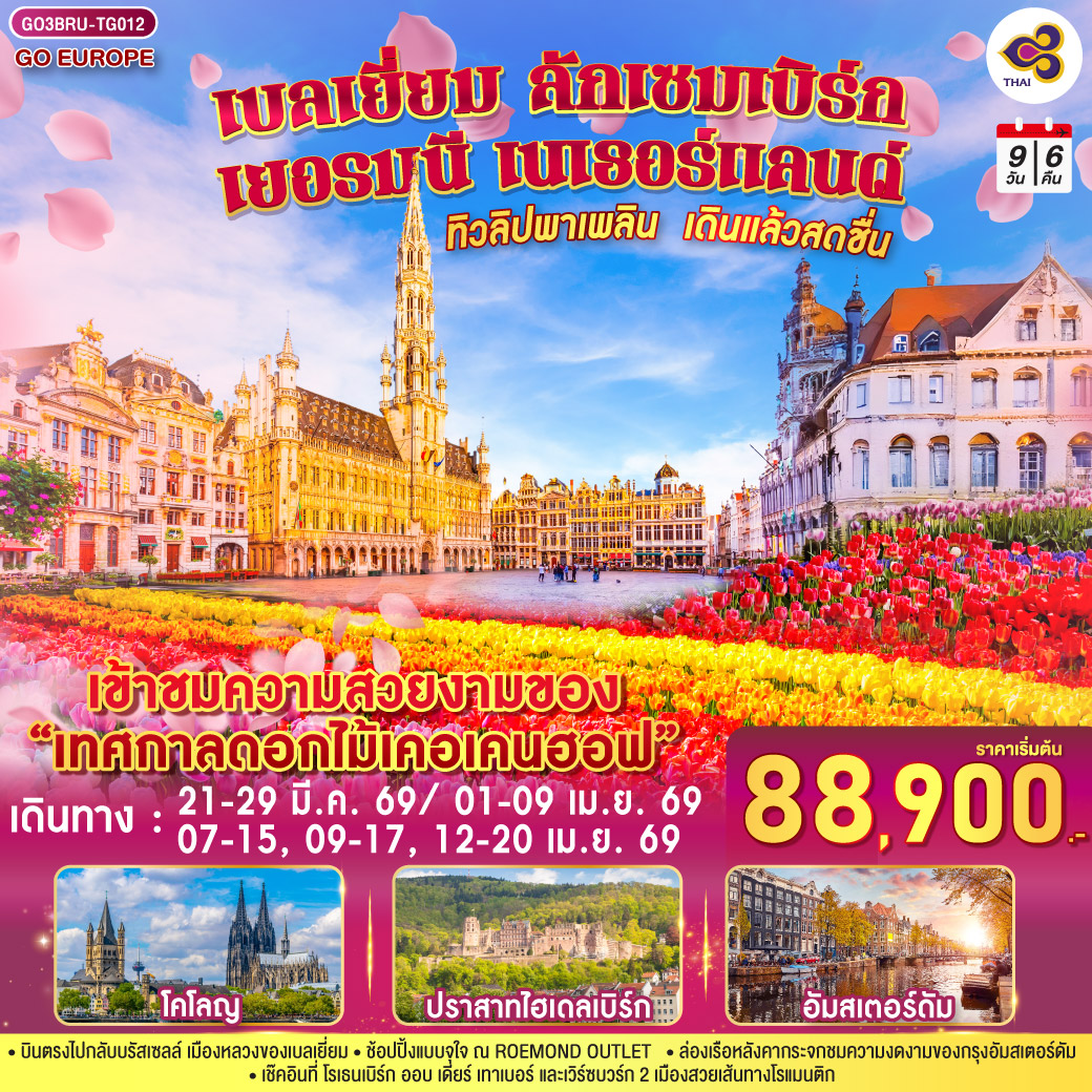 สนามบินสุวรรณภูมิ – บรัสเซลส์ – นามูร์ - ดินองต์ - นั่งกระเช้าชมวิวซิตาเดล - ลักเซมเบิร์ก  - ไฮเดลเบิร์ก - ปราสาทไฮเดลเบิร์ก - แฟร้งค์เฟิร์ต – เวิร์ซเบิร์ก – โรเธนเบิร์ก ออบ เดียร์ เทาเบอร์ - แบมเบิร์ก – แฟร้งค์เฟิร์ต - โคโลญ - ROEMOND OUTLET - โรมอนด์ - อัมสเตอร์ดัม - ซานส์สคันส์  - ล่องเรืออัมสเตอร์ดัม - สถาบันเจียระไนเพชร - จัตุรัสดัมสแควร์  ย่านโคมแดง-สวนดอกไม้เคอเคนฮอฟ - บรัสเซลส์ - ถ่ายรูปอะโตเมี่ยม - จัตุรัสแกรนด์เพลส  - สนามบินบรัสเซลส์