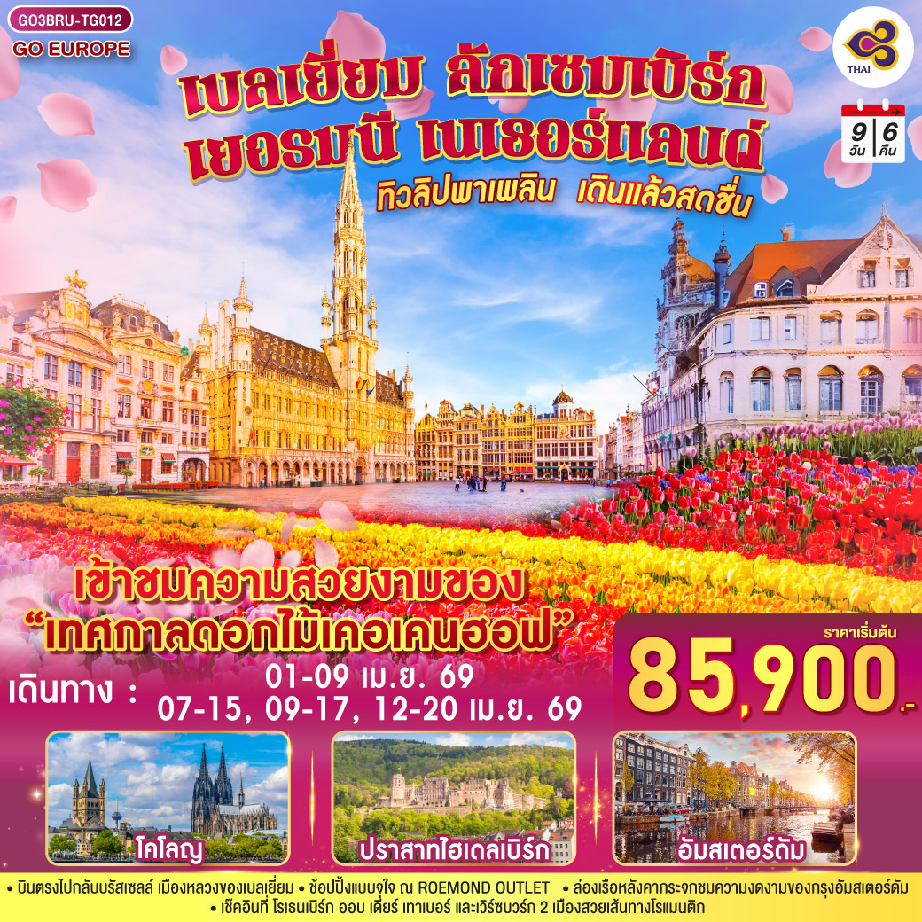 สนามบินสุวรรณภูมิ – บรัสเซลส์ – นามูร์ - ดินองต์ - นั่งกระเช้าชมวิวซิตาเดล - ลักเซมเบิร์ก  - ไฮเดลเบิร์ก - ปราสาทไฮเดลเบิร์ก - แฟร้งค์เฟิร์ต – เวิร์ซเบิร์ก – โรเธนเบิร์ก ออบ เดียร์ เทาเบอร์ - แบมเบิร์ก – แฟร้งค์เฟิร์ต - โคโลญ - ROEMOND OUTLET - โรมอนด์ - อัมสเตอร์ดัม - ซานส์สคันส์  - ล่องเรืออัมสเตอร์ดัม - สถาบันเจียระไนเพชร - จัตุรัสดัมสแควร์  ย่านโคมแดง-สวนดอกไม้เคอเคนฮอฟ - บรัสเซลส์ - ถ่ายรูปอะโตเมี่ยม - จัตุรัสแกรนด์เพลส  - สนามบินบรัสเซลส์
