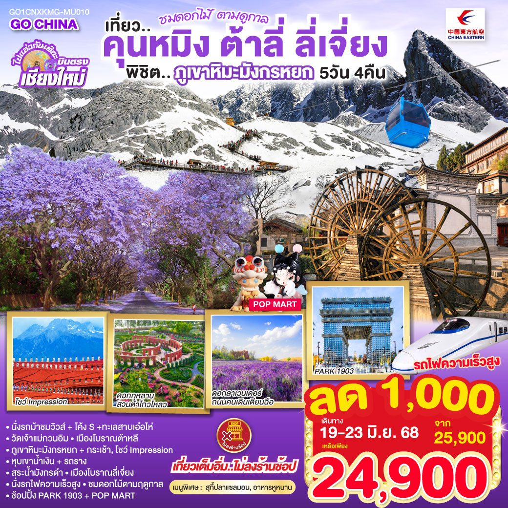 นั่งรถม้าชมวิวส์   โค้ง S   ทะเลสาบเอ๋อไห่|วัดเจ้าแม่กวนอิม
|เมืองโบราณต้าหลี|ภูเขาหิมะมังกรหยก กระเช้า|โชว์ Impression
|หุบเขาน้ำเงิน   รถราง|สระน้ำมังกรดำ|เมืองโบราณลี่เจี่ยง
|นั่งรถไฟความเร็วสูง|ชมดอกไม้ตามฤดูกาล|ช้อปปิ้ง PARK 1903   POP MART