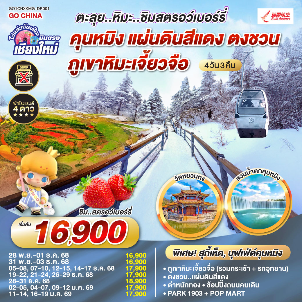 - เมืองโบราณต้าหลี่, วัดเจ้าแม่กวนอิม
- เมืองโบราณลี่เจี่ยง,หุบเขาน้ำเงิน   รวมรถราง
- ภูเขาหิมะมังกรหยก   กระเช้าใหญ่, โชว์ Impression
-เมืองโบราณไป๋ซา ชมวิวภูเขาหิมะมังกรหยก
- นั่งรถไฟความเร็วสูง 1 เที่ยว   รถขนกระเป๋า
- ตำหนักทอง, สวนน้ำตก, วัดหยวนทง
- อิสระช้อปปิ้ง   POP MART, PARK1903
** เที่ยวเต็มอิ่ม..ไม่ลงร้านช้อป**
** เมนูพิเศษ : สุกี้ปลาแซลมอน,อาหารหูหนาน,บุฟเฟ่ต์คุนหมิง