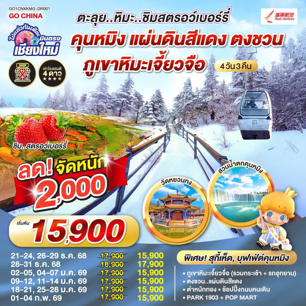 ภูเขาหิมะเจี้ยวจื่อ (รวมกระเช้า   รถอุทยาน)|ตงชวน..แผนดินสีแดง
 |ชิมสตอว์เบอร์รี่|ตำหนักทองจินเตี้ยน |ช้อปปิ้งถนนคนเดิน 
| Park 1903   POP Mart|วัดหยวนทง