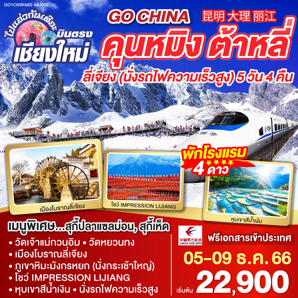 วัดเจ้าแม่กวนอิม | ผ่านชมเจดีย์สามองค์ | สระมังกรดำ | เมืองโบราณลี่เจียง | ภูเขาหิมะมังกรหยก (รวมกระเช้าใหญ่) | โชว์ IMPRESSOIN LIJIANG | หุบเขาน้ำเงิน | ลี่เจียง – คุนหมิง (นั่งรถไฟความเร็วสูง) | ตำหนักทองจินเตี้ยน | ช้อปปิ้งหนานผิงเจีย