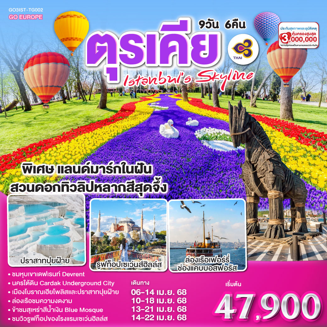 อิสตันบูล - เข้าชมเทศกาลดอกทิวลิป - มัสยิดออร์ตาคอย - เข้าชมสุเหร่ายักษ์คามลิก้า - อังการ่า - สุสานอตาเติร์ก – ทะเลสาบเกลือ - คัปปาโดเกีย - หุบเขานกพิราบ หุบเขาเกอเรเม - คาเมลร็อค - OPTIONAL BALLOON -  ช้อปปิ้งโรงงานทอพรม โรงงานเครื่องประดับและโรงงานเซรามิค  หมู่บ้านเครื่องปั้นดินเผาเอวานอส - นครใต้ดิน – คาราวานสไร - คอนย่า - พิพิธภัณฑ์เมฟลานา - ปามุคคาเล่ - ปราสาทปุยฝ้าย - เมืองโบราณเฮียราโพลิส - โรงงานเครื่องหนัง - ชานัคคาเล - ม้าไม้เมืองทรอย - อิสตันบูล - ล่องเรือเฟอร์รี่ - ตลาดสไปซ์ - หอคอยกาลาต้า - จตุรัสทักซิม – ฮิปโปโดรม - ฮาเกียโซเฟีย - เข้าชมสุเหร่าสีน้ำเงิน - ลูฟท็อปเซเว่นส์ฮิลล์ส - สนามบินอิสตันบูล