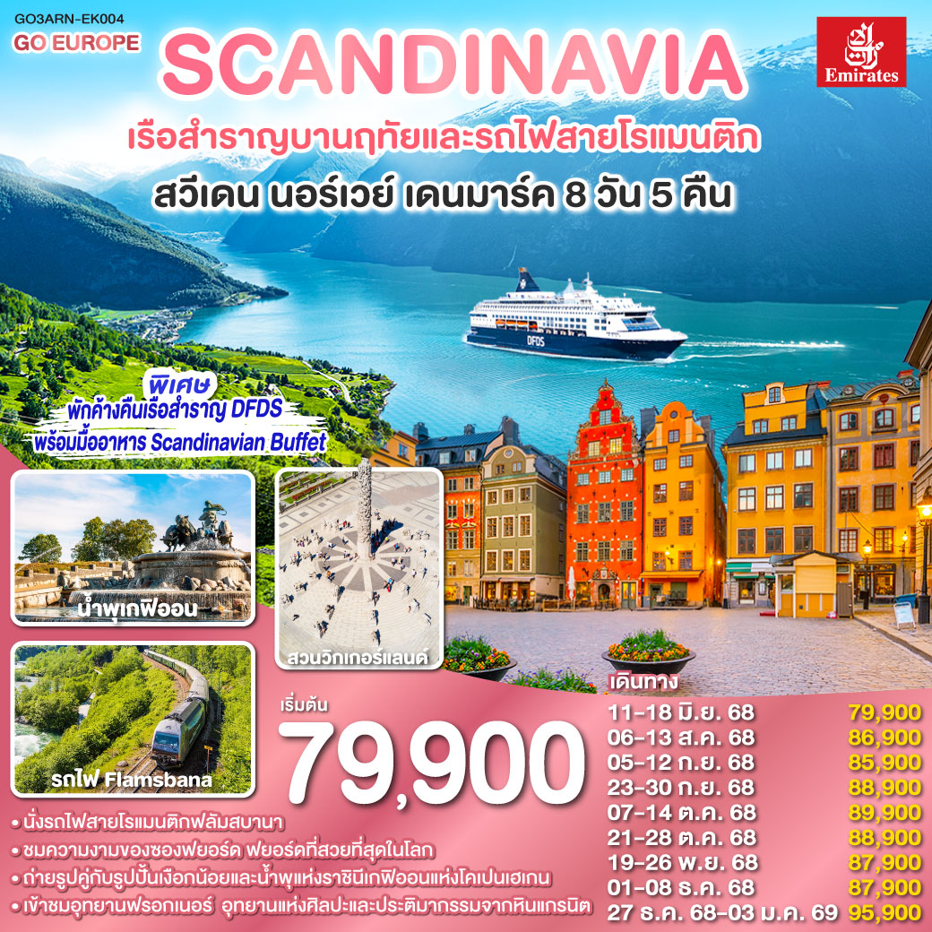 สต็อกโฮล์ม - เมืองเก่ากัมลาสตัน - คาร์ลสตัท - ออสโล - อุทยานฟรอกเนอร์ - ลานกระโดดสกี โฮเมนโคเล่น - กอล - ฟลัม - ล่องเรือชมความงามของซองฟยอร์ด - รถไฟสายโรแมนติกฟลัมส์บาน่า -  น้ำตกจอสฟอสเซ่น - ถนนคาร์ล โยฮันส์ เกท - เรือสำราญ DFDS ห้องหน้าต่างเห็นทะเล - โคเปนเฮเกน - ลิตเติ้ลเมอร์เมด - น้ำพุแห่งราชินีเกฟิออน - พระราชวังอมาเลียนบอร์ก - ท่าเรือนูฮาวน์ - ช้อปปิ้งสินค้าย่าน ถนนสตรอยก์
