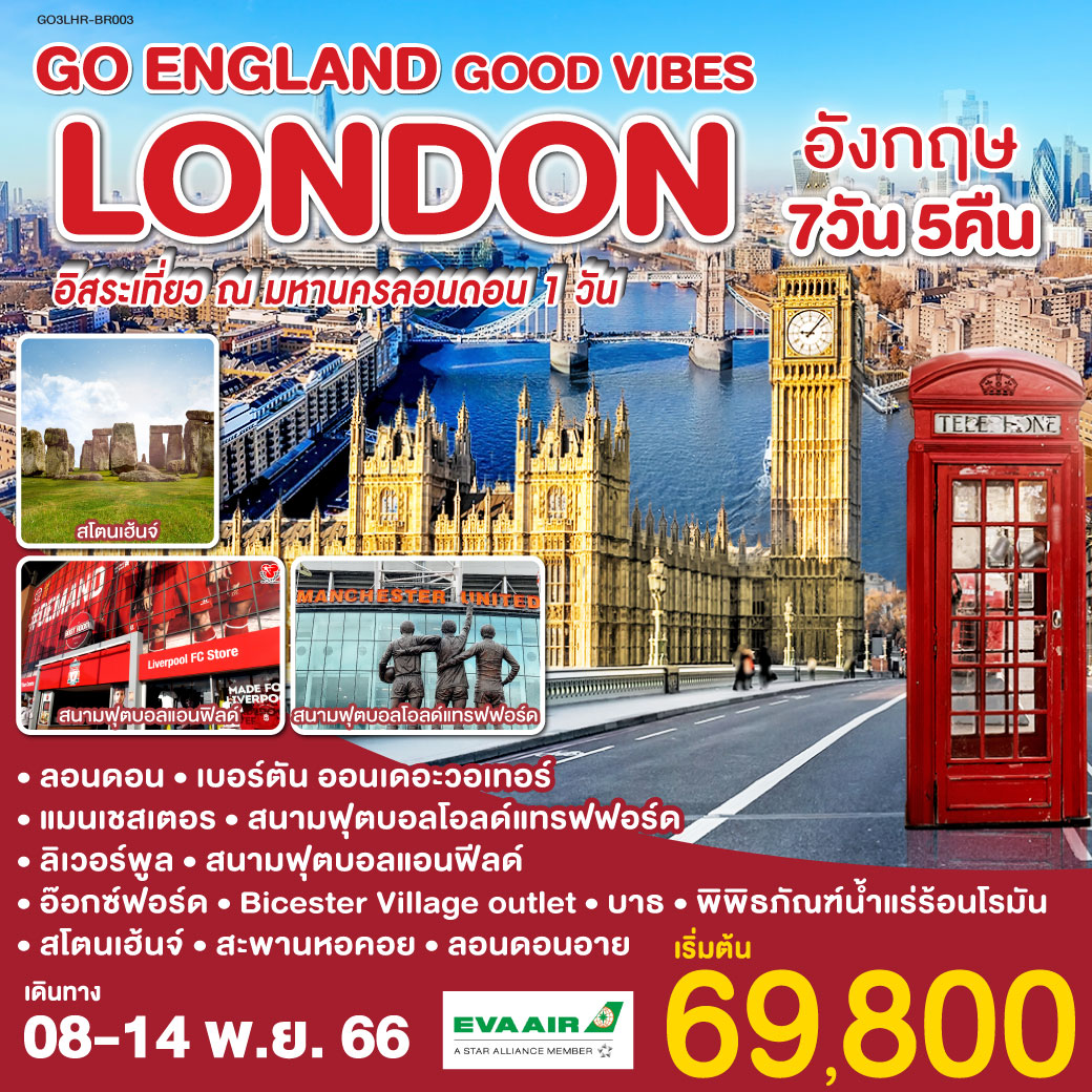 ลอนดอน - เบอร์ตัน ออนเดอะวอเทอร์ – สแตรทฟอร์ด – แมนเชสเตอร์ - สนามฟุตบอลโอลด์ แทรฟฟอร์ด - ลิเวอร์พูล – สนามฟุตบอลแอนฟีลด์ - อ๊อกซ์ฟอร์ด - Bicester Village outlet - พิพิธภัณฑ์น้ำแร่ร้อนโรมัน – สโตนเฮ้นจ์