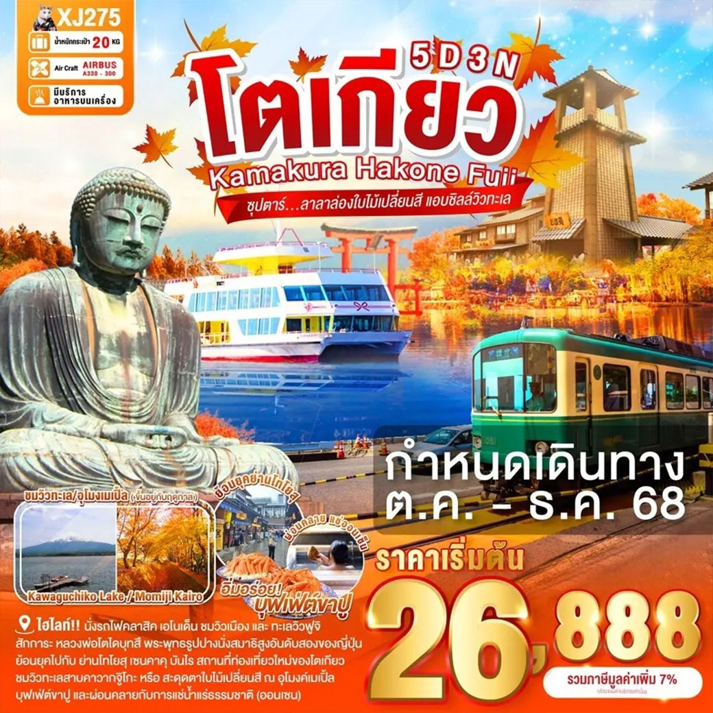 นั่งรถไฟคลาสิค เอโนเด็น ชมวิวบ้านเมือง ทะเลวิวฟูจิ จากตัวเมืองคามาคุระ / สักการะ หลวงพ่อโตไดบุทสึ พระพุทธรูปปางนั่งสมาธิที่สูงที่สุดเป็นอันดับสองของประเทศญี่ปุ่น / ศาลเจ้าสีรุงะโอะกะฮะจิมัง ศาลเจ้าเก่าแก่คู่บ้านคู่เมืองของเมืองคามาคุระที่มีอายุเก้าร้อยกว่าปี / ล่องเรือกระจกทะเลสาบอาชิ SORAKAZE โดยออกแบบเรือให้มีความเป็นมิตรต่อสิ่งแวดล้อม / สัมผัสวัฒนธรรมดั้งเดิมของชาวญี่ปุ่น เรียนพิธีชงชาญี่ปุ่น (Sado) / จุดชมวิวทะเลสาบคาวากจูิโกะ ทะเลสาบที่ใหญ่เป็นอันดับ 2 ของ 5 ทะเลสาบรอบภูเขาไฟฟูจิ หรือ สะดุดตาไปกับ ใบไม้เปลี่ยนสี สดใส ณ อุโมงค์เมเปิ้ล หรือ โมมิจิ (ขึ้นอยู่กับฤดูกาล) / ย้อนยุคไปกับ ย่านโทโยสุ เซนคาคุ บันไร สถานที่ท่องเที่ยวใหม่ของกรุงโตเกียว ที่เป็นเหมือนตลาดในธีมย้อนยุคสมัยเอโดะ เปิดให้บริการในวันที่ 1 กุมภาพันธ์ 2024 / ช้อปปิ้งจุใจ ชินจูกุ พร้อมเช็คอิน แลนด์มาร์คแห่งใหม่ แมวยักษ์ 3 มิติ / บุฟเฟ่ต์ขาปู และผ่อนคลายกับการแช่น้ำแร่ธรรมชาติ (ออนเซน) / มีน้ำดื่มบริการบนรถบัสวันละ 1 ขวด