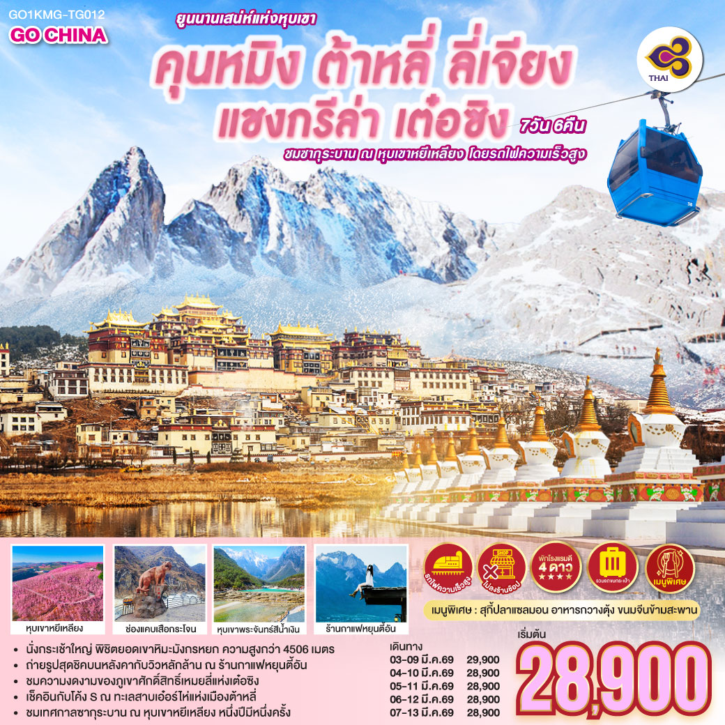 กรุงเทพฯ (สนามบินสุวรรณภูมิ) – คุนหมิง (TG612 : 10.55-14.05) – ฉู่สง-เมืองต้าลี่-วัดเจ้าแม่กวนอิม-ชมโค้งSทะเลสาบเอ๋อร์ไห่ -ผ่านชมเจดีย์สามองค์ -เมืองโบราณต้าหลี่ -เมืองแชงกรีล่า -เมืองโบราณแชงกรีล่า วัดต้าฝอ-วัดลามะซงจ้านหลิน  เมืองเต๋อซิน-ผ่านชมภูเขาหิมะไป๋หม่า-ชมพระอาทิตย์ขึ้นที่ภูเขาหิมะเหมยลี่-วัดไฟยไหลเจดีย์13องค์-ลี่เจียง-ช่องแคบเสือกระโจน-(รวมบันไดเลื่อน)-ภูเขาหิมะมังกรหยก (นั่งกระเช้าใหญ่) -โชว์IMPRESSION  หุบเขาสีน้ำเงิน (รวมรถราง)  เมืองโบราณไป๋ซา ร้านกาแฟชมวิวภูเขาหิมะ(รวมค่ากาแฟ) เมืองโบราณลี่เจียง-ลี่เจียง-คุนหมิงโดยรถไฟความเร็วสูง C452//08.10-12.03(รวมรถขนกระเป๋า) -หุบเขาซากุระหยีเหลียง -อิสระช้อปป้งหนานผิงเจีย POP MART -วัดหยวนทง-กรุงเทพ (สนามบินสุวรรณภูมิ)  
(TG613 : 15.20 – 16.35)