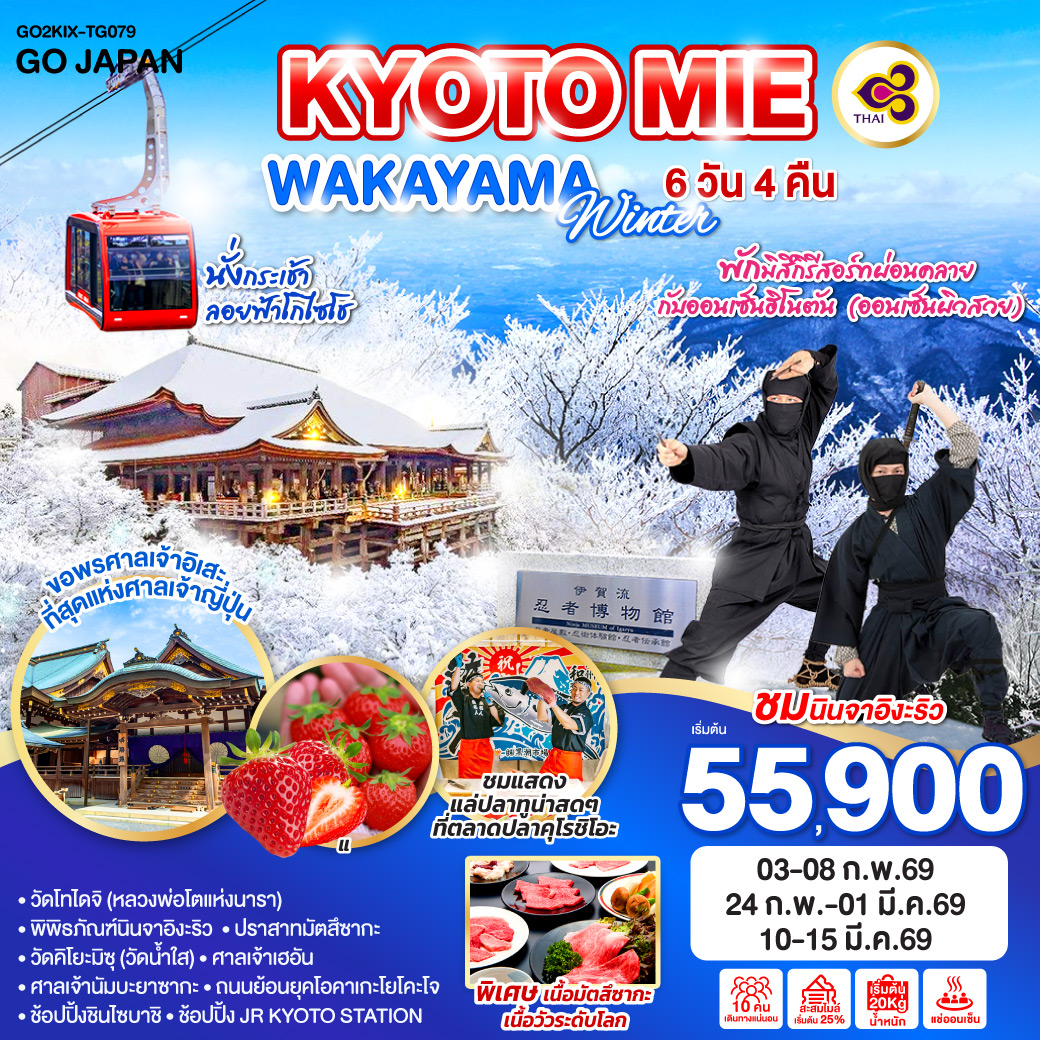 ไฮไลท์ทัวร์-Highlight
ขอพรศาลเจ้าอิเสะที่สุดแห่งศาลเจ้าญี่ปุ่น - พิเศษเนื้อมัตสึซากะ เนื้อวัวระดับโลก - กิจกรรมเก็บสตรอว์เบอร์รี - ชมนินจาอิงะริว - นั่งกระเช้าลอยฟ้าโกไซโช - ชมแสดงแล่ปลาทูน่าสดๆที่ตลาดปลาคุโรชิโอะ - พักมิสึกิรีสอร์ทผ่อนคลายกับออนเซ็นฮิโนตัน(ผิวสวย)  - วัดโทไดจิ(หลวงพ่อโตแห่งนารา) -  พิพิธภัณฑ์นินจาอิงะริว - ปราสาทมัตสึซากะ - วัดคิโยะมิซุ (วัดน้ำใส) - ศาลเจ้าเฮอัน - ศาลเจ้านัมบะยาซากะ - ถนนย้อนยุคโอคาเกะโยโคะโจ - ช้อปปิ้งชินไซบาชิ  - ช้อปปิ้ง JR KYOTO STATION