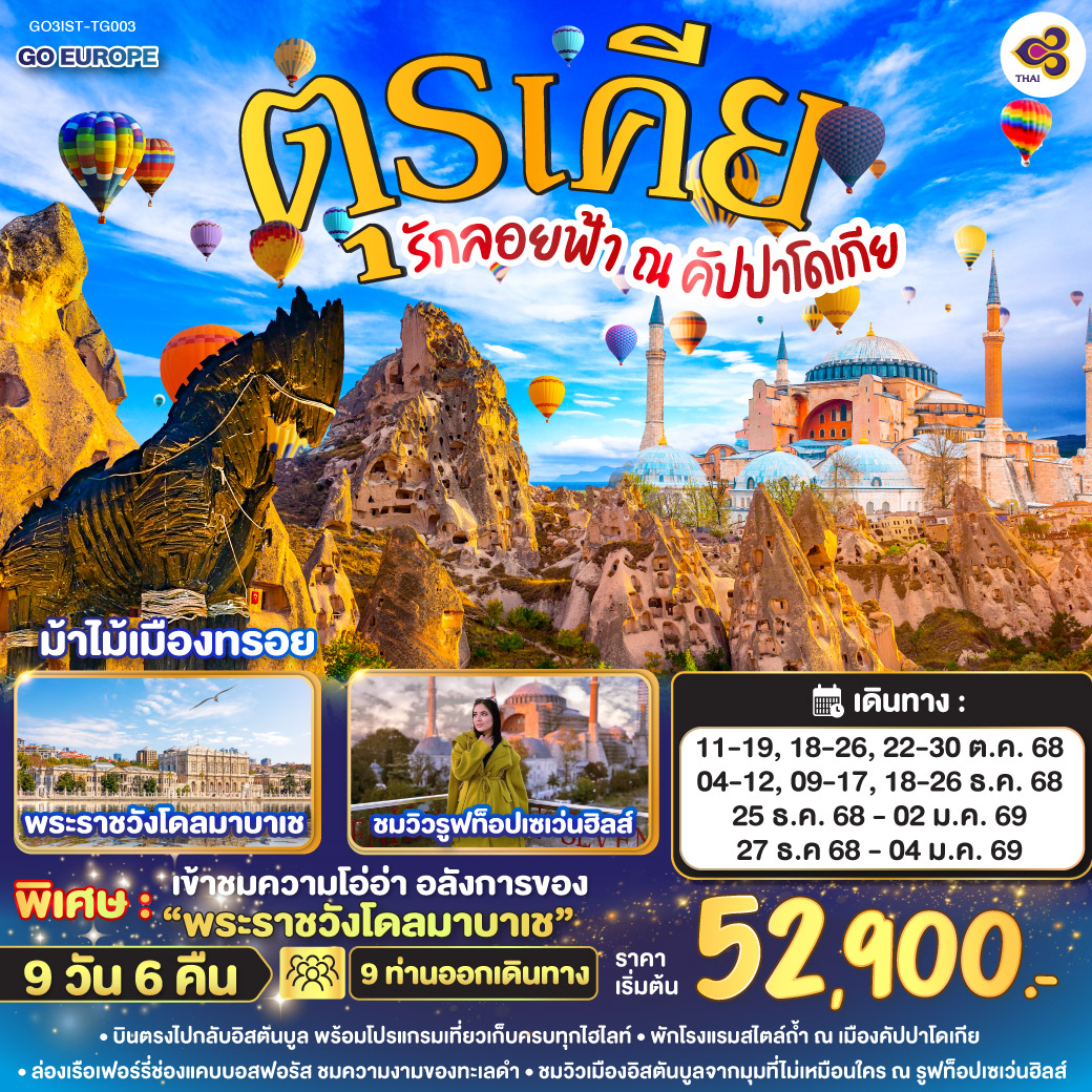 อิสตันบูล - เข้าชมพระราชวังโดลมาบาเช - อังการ่า - สุสานอตาเติร์ก– ทะเลสาบเกลือ - คัปปาโดเกีย - หุบเขานกพิราบ หุบเขาเกอเรเม - คาเมลร็อคคัปปาโดเกีย OPTIONAL BALLOON -  ช้อปปิ้งโรงงานทอพรม โรงงานเครื่องประดับและโรงงานเซรามิค  หมู่บ้านเครื่องปั้นดินเผาเอวานอส - นครใต้ดิน– คาราวานสไร - คอนย่า - พิพิธภัณฑ์เมฟลานา - ปามุคคาเล่- ปราสาทปุยฝ้าย - เมืองโบราณเฮียราโพลิส - โรงงานเครื่องหนัง - ชานัคคาเล - ม้าไม้เมืองทรอย- ล่องเรือเฟอร์รี่ - ตลาดสไปซ์ - หอคอยกาลาต้า - จตุรัสทักซิม– ฮิปโปโดรม - ฮาเกียโซเฟีย - เข้าชมสุเหร่าสีน้ำเงิน - รูฟท็อปเซเว่นส์ฮิลล์ส