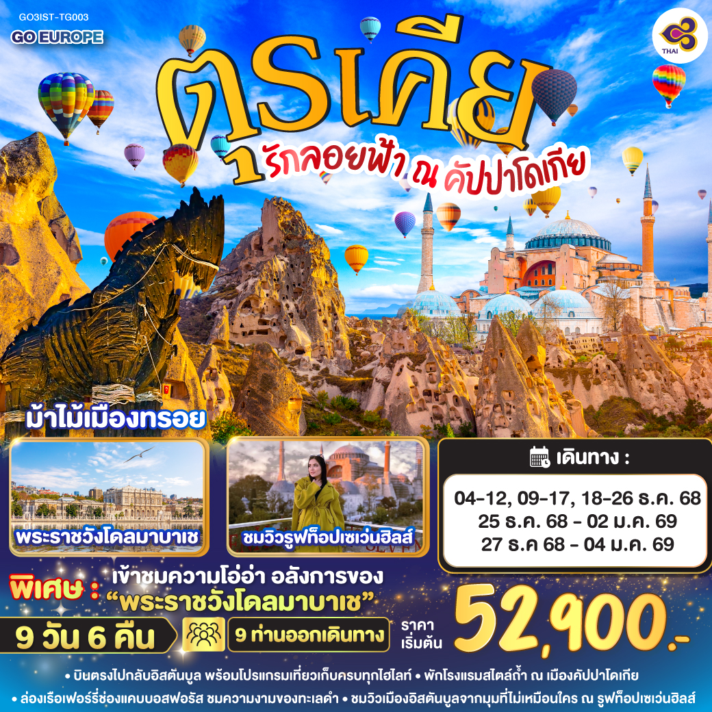 อิสตันบูล - เข้าชมพระราชวังโดลมาบาเช - อังการ่า - สุสานอตาเติร์ก– ทะเลสาบเกลือ - คัปปาโดเกีย - หุบเขานกพิราบ หุบเขาเกอเรเม - คาเมลร็อคคัปปาโดเกีย OPTIONAL BALLOON -  ช้อปปิ้งโรงงานทอพรม โรงงานเครื่องประดับและโรงงานเซรามิค  หมู่บ้านเครื่องปั้นดินเผาเอวานอส - นครใต้ดิน– คาราวานสไร - คอนย่า - พิพิธภัณฑ์เมฟลานา - ปามุคคาเล่- ปราสาทปุยฝ้าย - เมืองโบราณเฮียราโพลิส - โรงงานเครื่องหนัง - ชานัคคาเล - ม้าไม้เมืองทรอย- ล่องเรือเฟอร์รี่ - ตลาดสไปซ์ - หอคอยกาลาต้า - จตุรัสทักซิม– ฮิปโปโดรม - ฮาเกียโซเฟีย - เข้าชมสุเหร่าสีน้ำเงิน - รูฟท็อปเซเว่นส์ฮิลล์ส