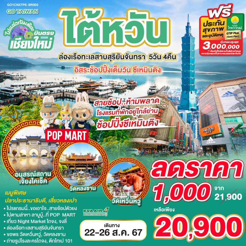 เมืองไถจง|โรงละครไถจง|ตลาดไถจง Night Market|วัดเหวิ่นหวู่|ล่องเรือทะเลสาบสุริยัน-จันทรา|ร้านพายสับปะรด
|เถาหยวน|ตลาดจงลี่ Night Market|ตึกไทเป 101(ไม่รวมค่าขึ้นตึก)|อนุสรณ์สถานเจียงไคเช็ค|วัดหลงซาน|
ตลาดซีเหมินติง Night Market