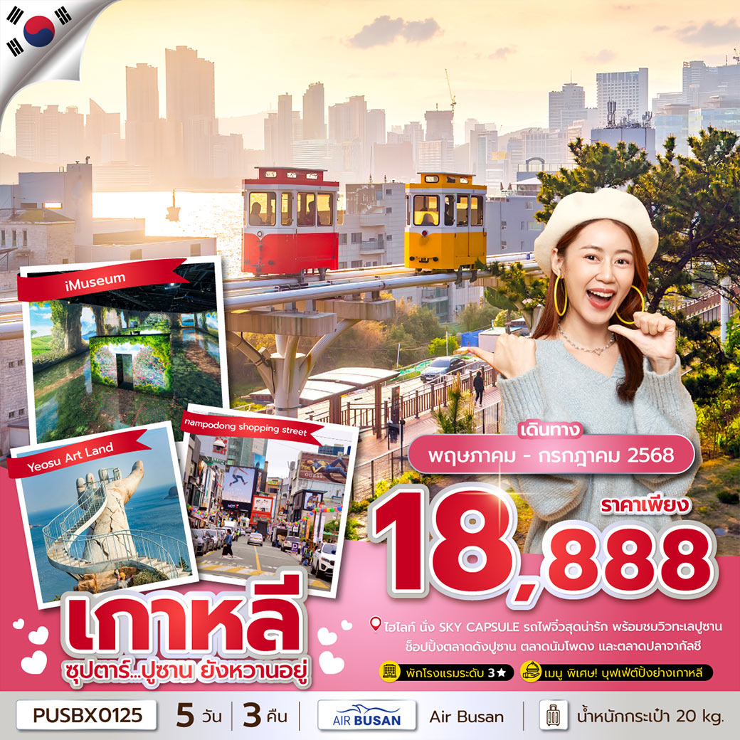 บินดึก-กลับเย็น / นั่ง SKY CAPSULE รถไฟจิ๋วสุดน่ารัก พร้อมชมวิวทะเลปูซาน / ช็อปปิ้งตลาดดังปูซาน ตลาดนัมโพดง และ ตลาดปลาจากัลชี / เพลินไปกับศิลปะมีเดียอาร์ท iMeseum และ Art Land
