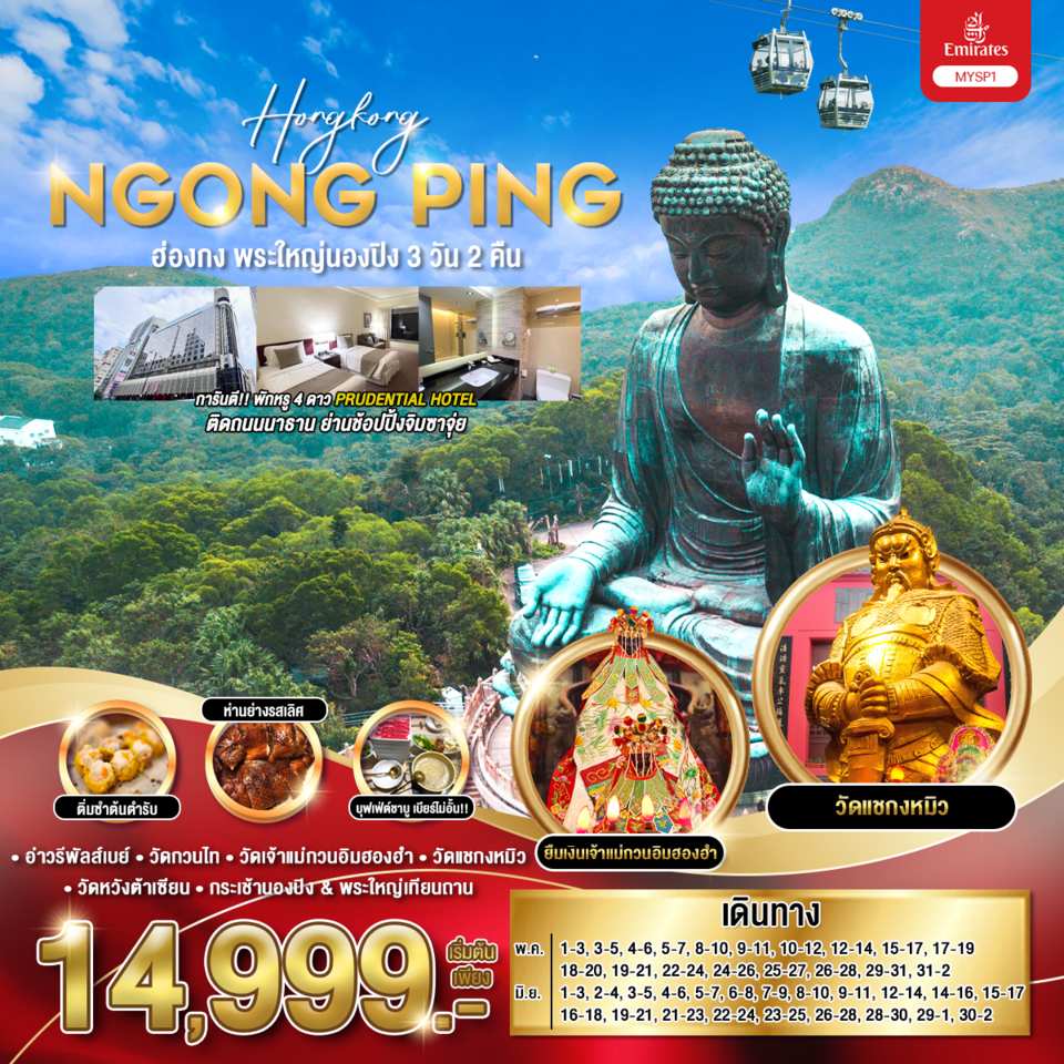 เมนูพิเศษ ห่านย่างรสเลิศ | บุฟเฟต์ชาบู เครื่องดื่มไม่อั้น
| ตั๋วกระเช้านองปิง
| ขึ้นรถราง ชมวิวเดอะพีค
| เจ้าแม่กวนอิม รีพลัสเบย์
| เจ้าแม่กวนอิมฮองฮำ
| วัดแชกงหมิว
| วัดหวังต้าเซียน