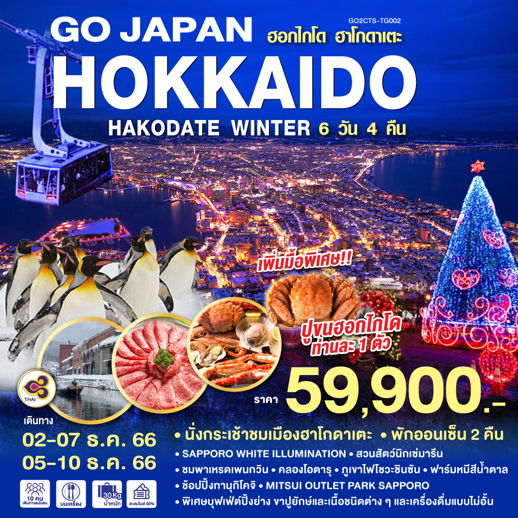 นั่งกระเช้าชมเมืองฮาโกดาเตะ / แช่น้ำแร่ธรรมชาติ 2 คืน / SAPPORO WHITE ILLUMINATION / สวนสัตว์นิกเซ่มารีน / ชมพาเหรดเพนกวิน / คลองโอตารุ / ภูเขาไฟโชวะชินซัน / ฟาร์มหมีสีน้ำตาล / ช้อปปิ้งทานุกิโคจิ / MITSUI OUTLET PARK SAPPORO / บุฟเฟ่ต์เมนูปู และเครื่องดื่มแบบไม่อั้น