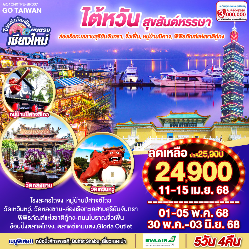 โรงละครไถจง|หมู่บ้านปีศาจซีโถว|วัดเหวิ่นหวู่|วัดหลงซาน|ล่องเรือทะเลสาบสุริยันจันทรา|
พิพิธภัณฑ์แห่งชาติกู้กง|ถนนโบราณจิ่วเฟิ่น|ช้อปปิ้งตลาดไถจง|ตลาดซีเหมินติง|Gloria Outlet